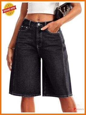 High Rise Wide Leg Bermuda Jean Shorts Casual Distressed Cotton Blend